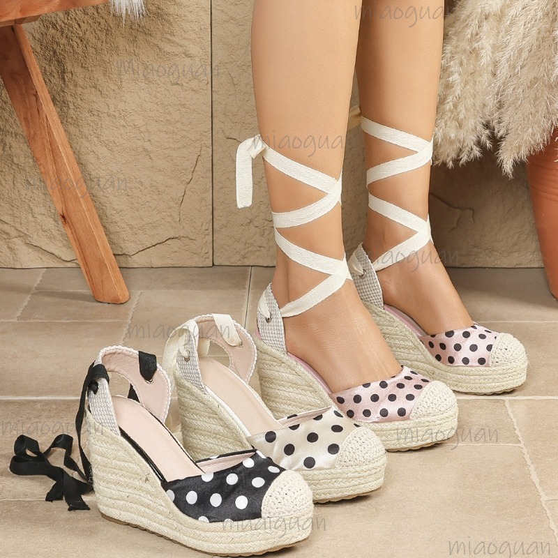 Ribbon Tie Heel - Sandal Espadrille Wanita Motif Polkadot Musim