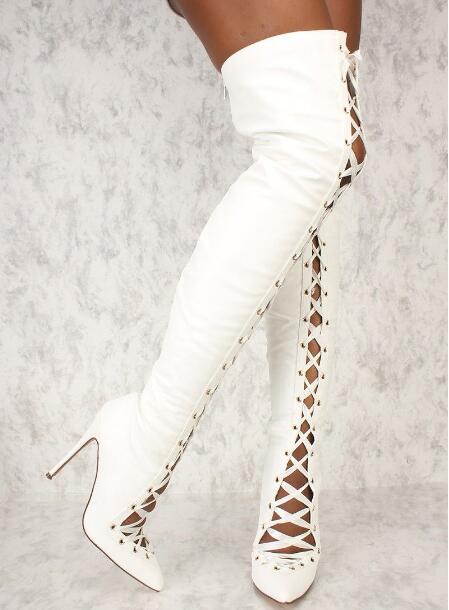 Ribbon Tie Heel - Sepatu Boots Wanita Putih Hitam Solid