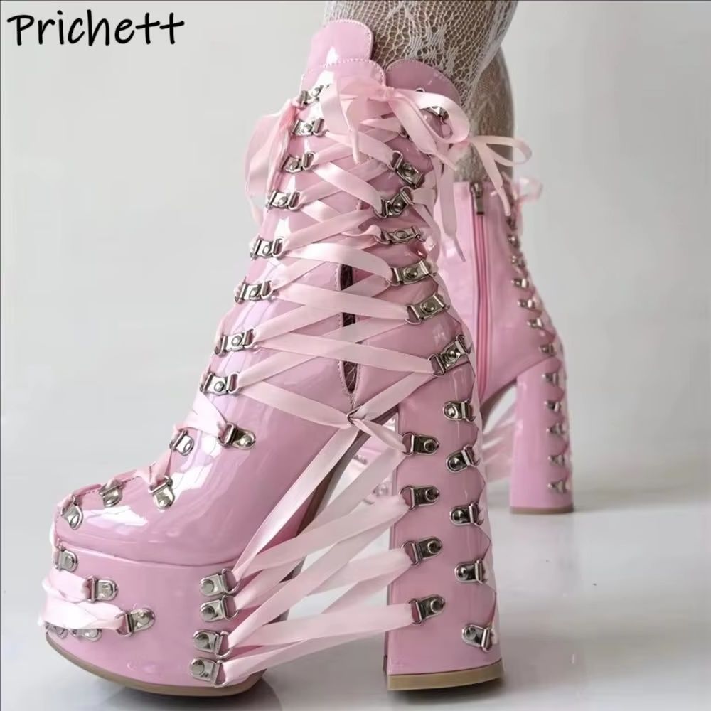 Ribbon Tie Heel - Sepatu Boots Wanita Black Pink dengan