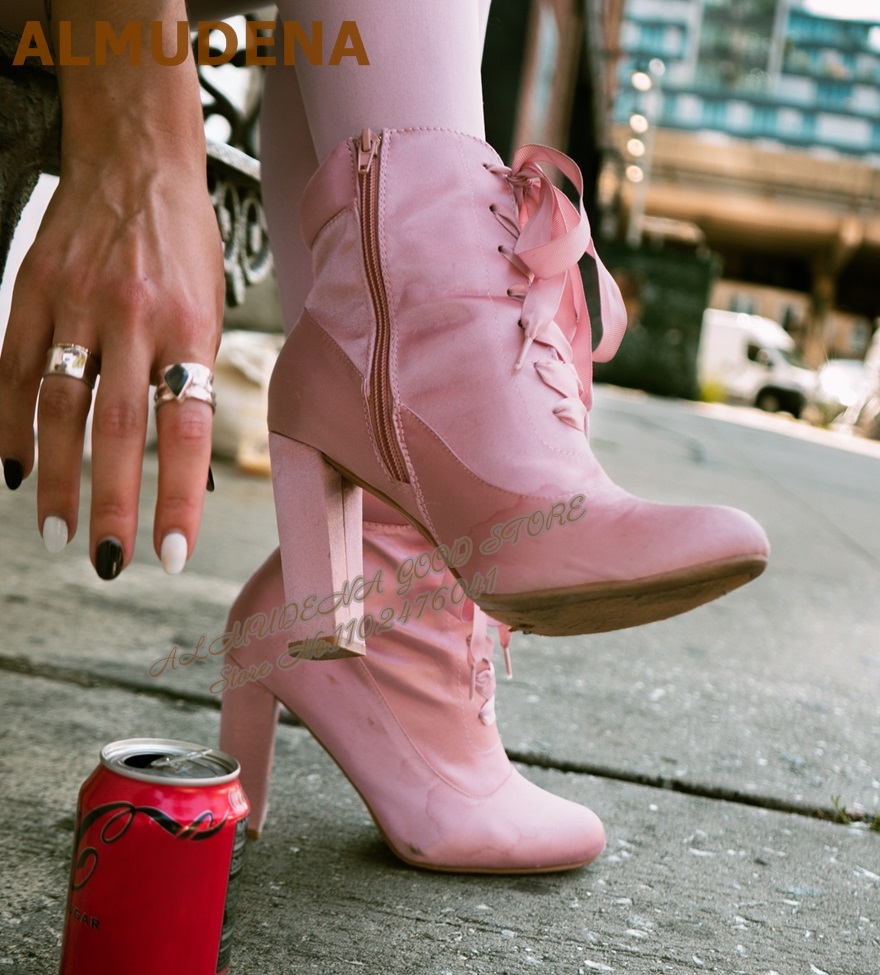 Ribbon Tie Heel - Sepatu Boots ALMUDENA Pink Satin Hak
