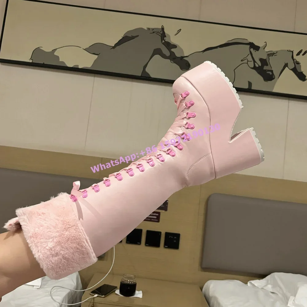 Ribbon Tie Heel - Sepatu Bot Berbulu Merah Muda Sol