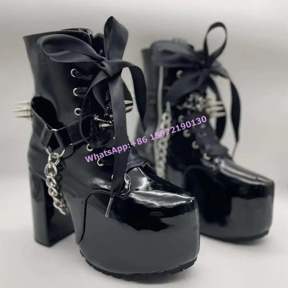 Sepatu Boots Hitam Model Rivet - Ribbon Tie Heel ulasan dan harga