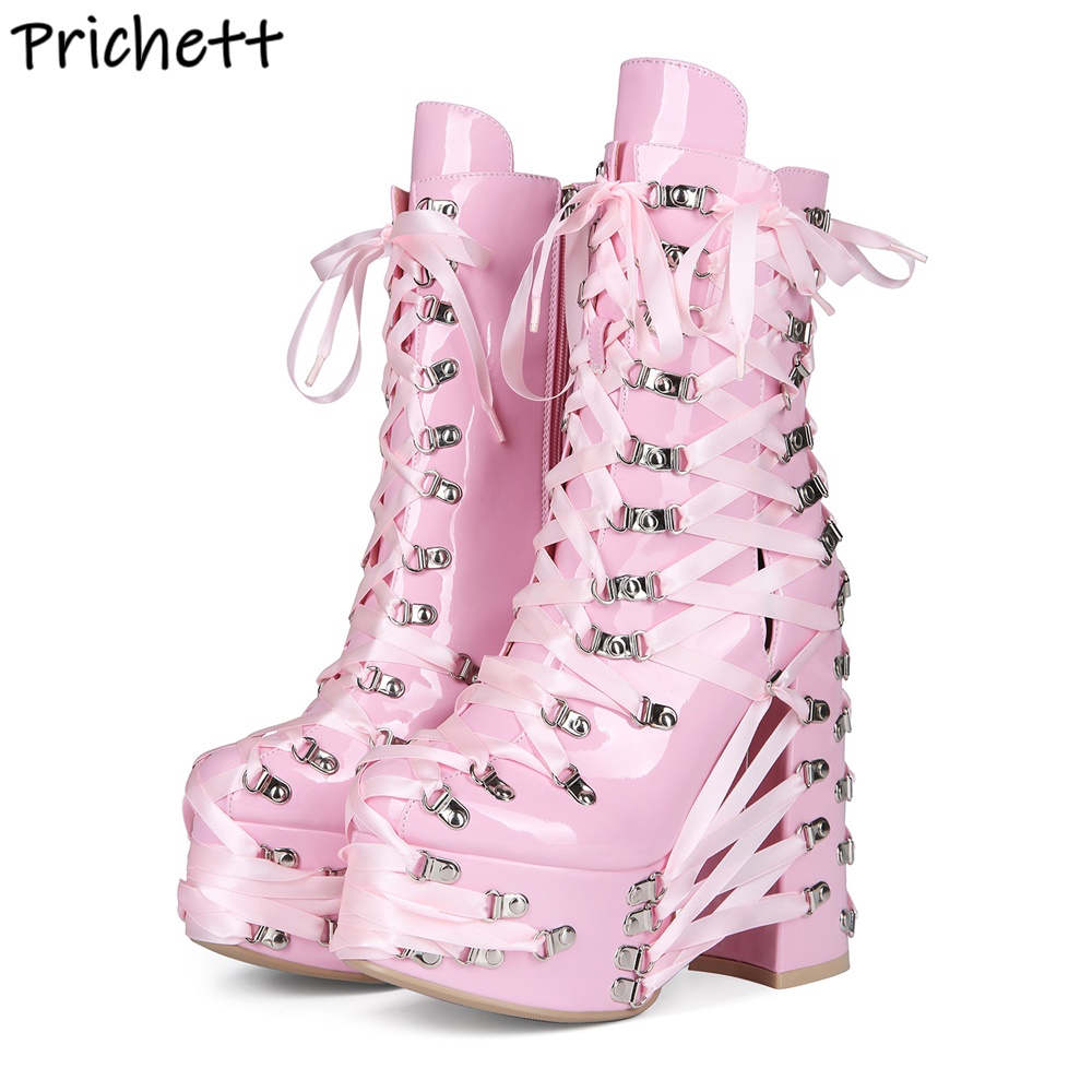 Sepatu Boots Wanita Black Pink - Ribbon Tie Heel ulasan dan harga